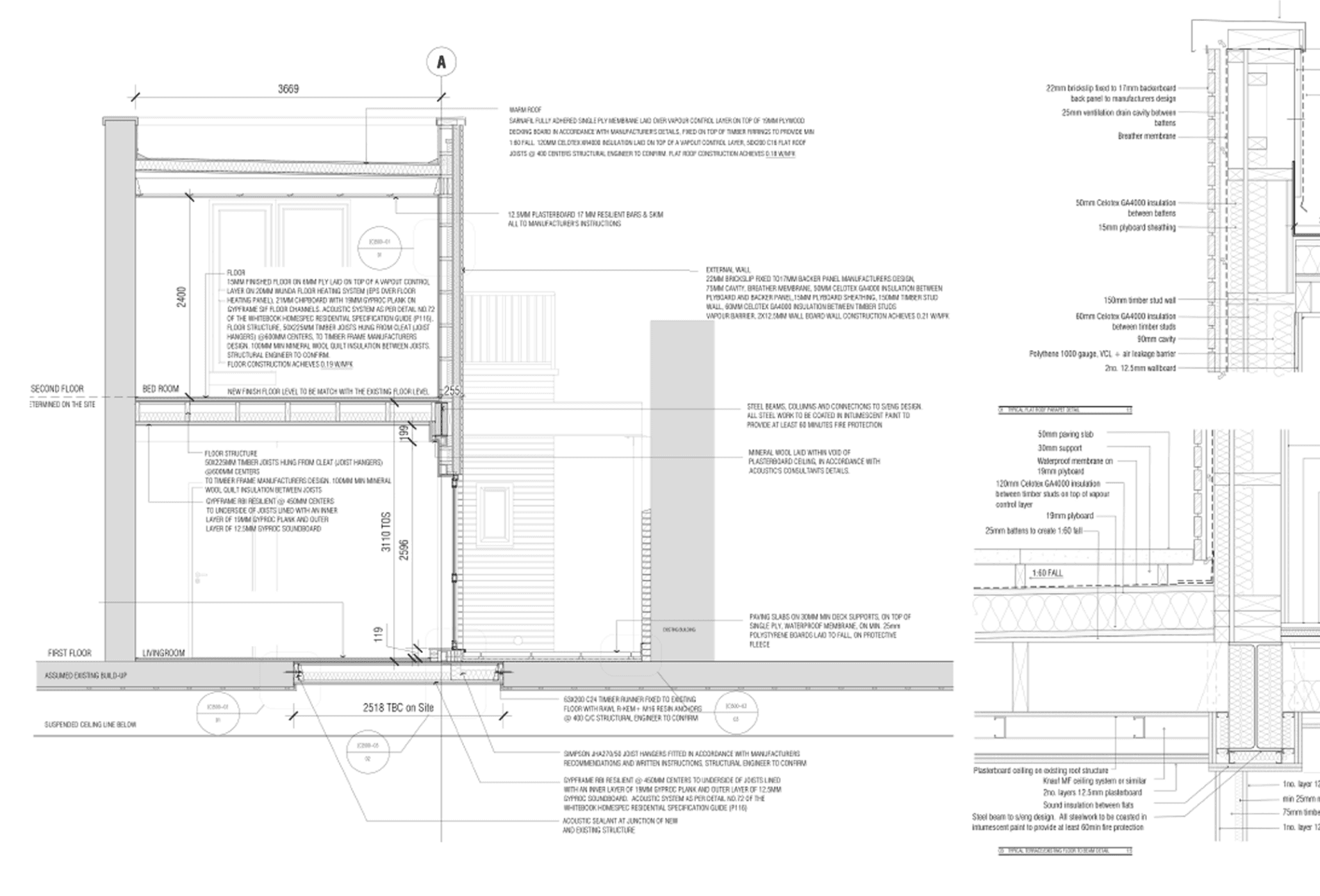 Sectional construction detail through wall, floor and roof — anonymised sample, Krain Studio