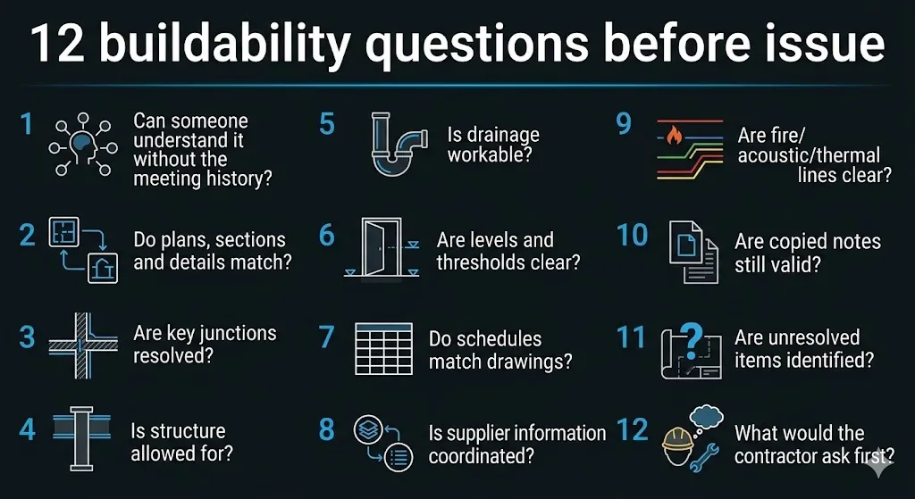 Infographic listing the twelve buildability questions to ask before a drawing is issued, numbered one to twelve, from “can someone understand it without the meeting history?” through drainage, levels, schedules and supplier information to “what would the contractor ask first?”.