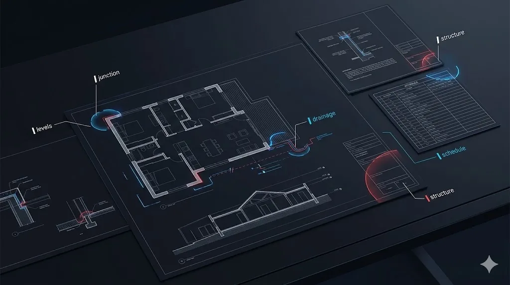 An architectural drawing package — floor plan, section, detail sheet and schedule — laid out on a dark desk, with review markers flagging the junction, levels, drainage, schedule and structure conditions a buildability review checks before a drawing is issued.