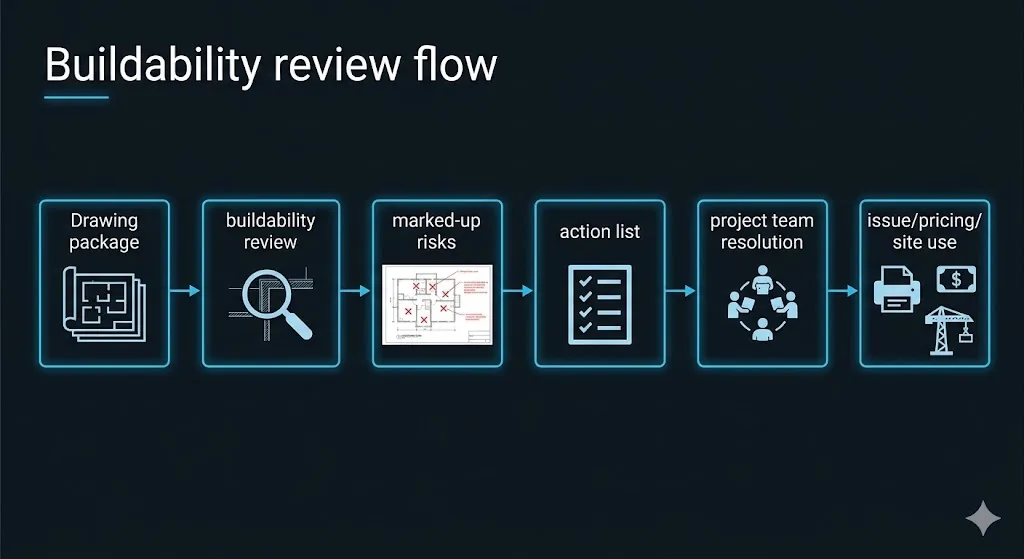 Buildability review flow diagram: a drawing package goes through a buildability review, which produces marked-up risks, then an action list, then project-team resolution, before the information is issued, priced or used on site.