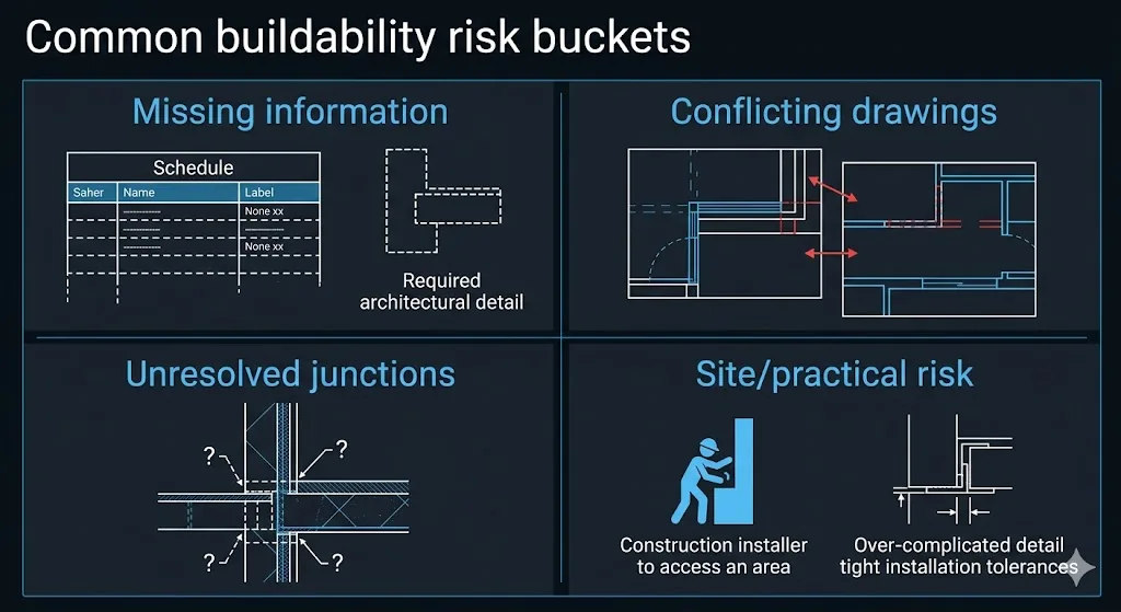 Four common buildability risk categories shown as labelled panels: missing information, conflicting drawings, unresolved junctions, and site or practical risk, each illustrated with simplified drawing fragments.
